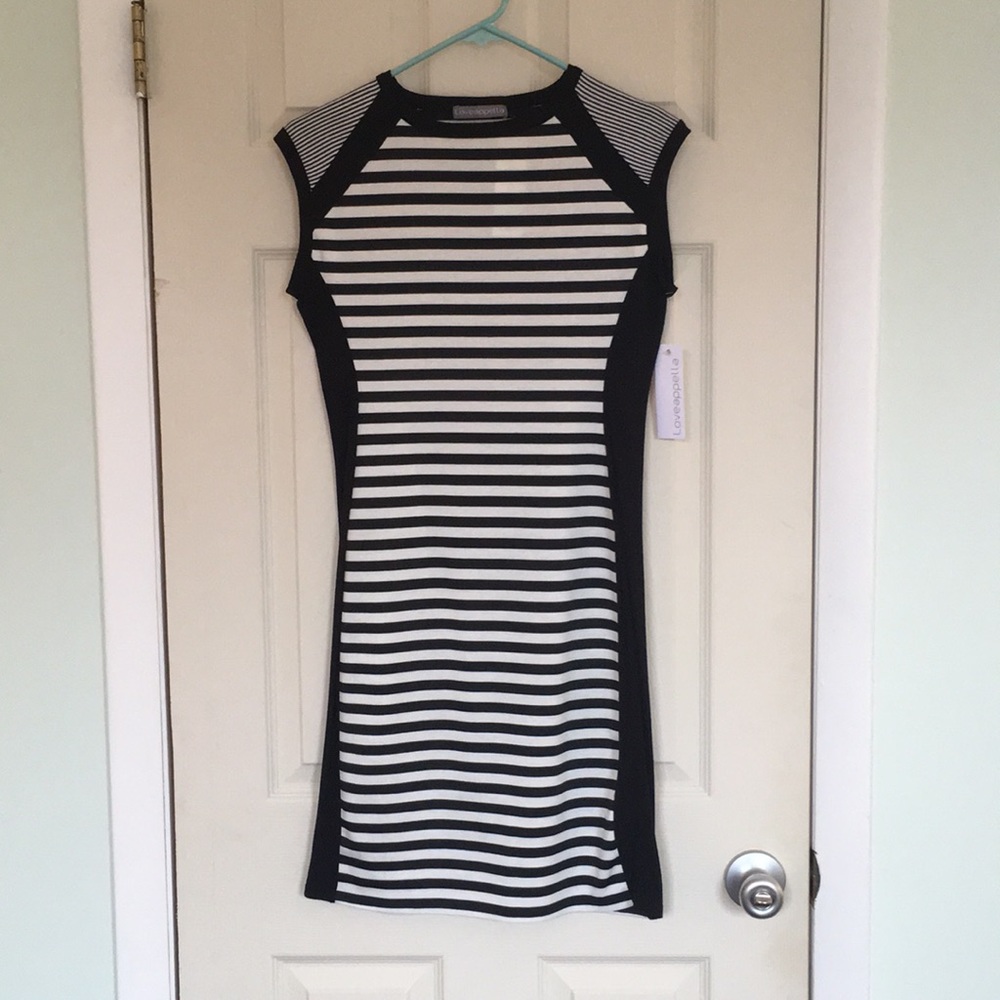 Black and white striped dress.
